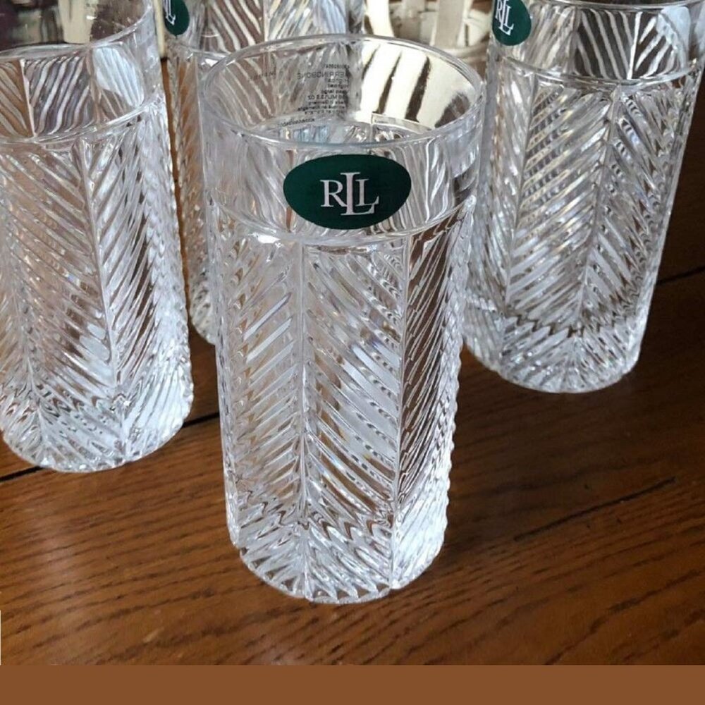 4 new Ralph Lauren Herringbone Highball Glasses = Heavy Crystal Barware